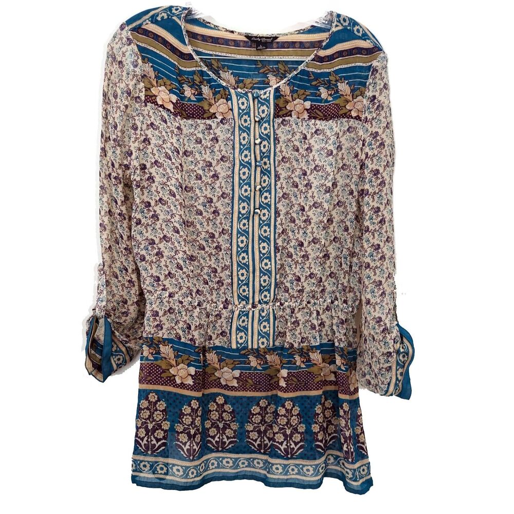 Lucky Brand Size L Womens Tunic Top Boho Peasant Long Sleeve Blouse